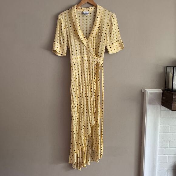 GANNI Yellow Floral Printed Crepe Daisy Wrap Dress EU 34 US 2 XS - Picture 2 of 7